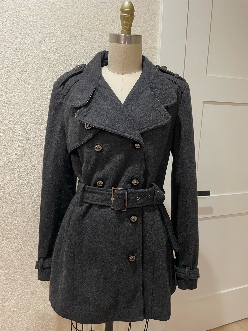 Miss Sixty Charcoal Black Double-Breasted Trench Coat with Belt